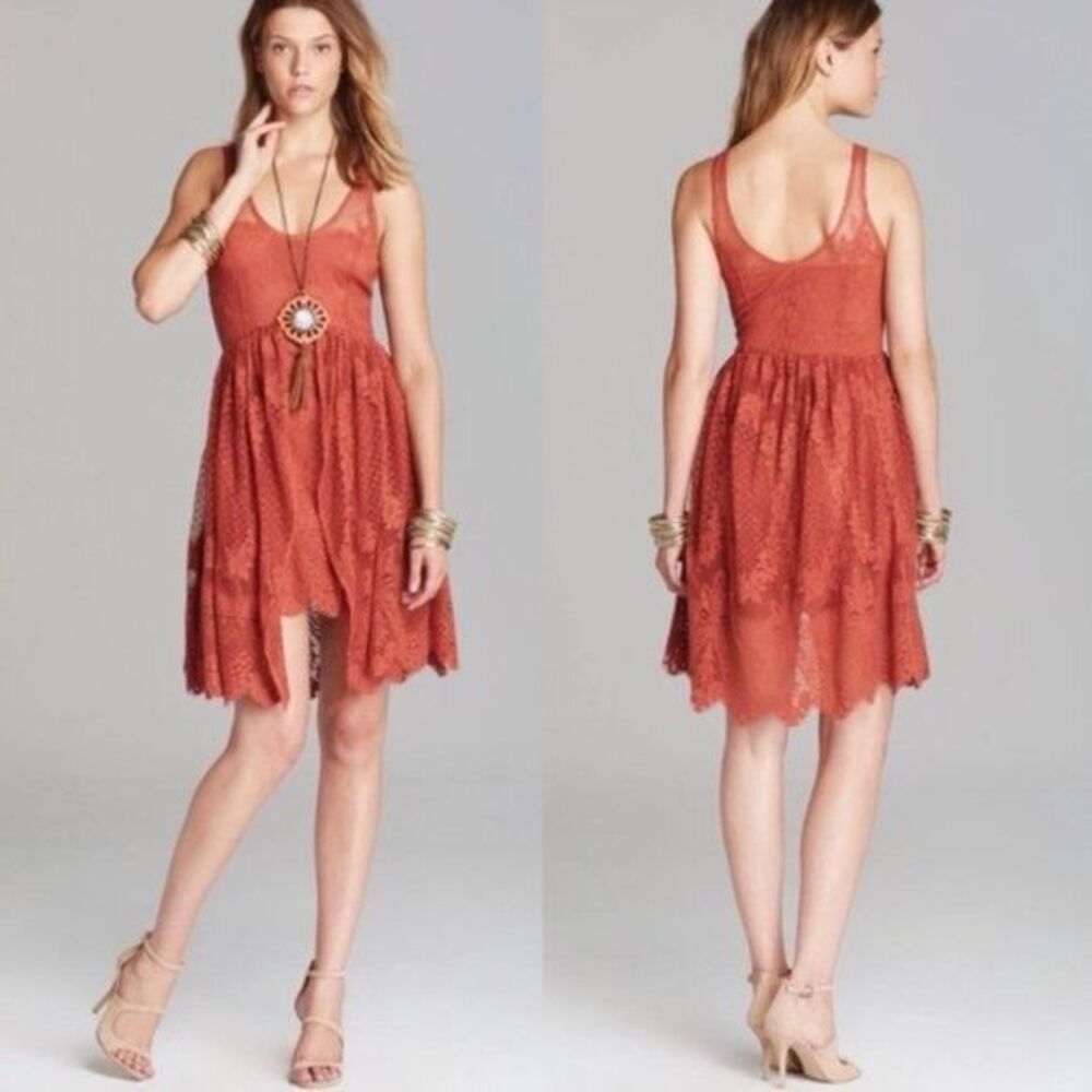 FREE PEOPLE Women’s Rust Salina’s  Foil Print Lace Fit & Flare Mini Dress Size 4